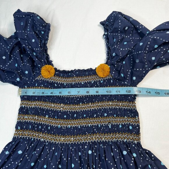Figue Peony Kizzy Mini Dress Smocked Pom Pom Bandana Print Blue Small - Picture 8 of 13